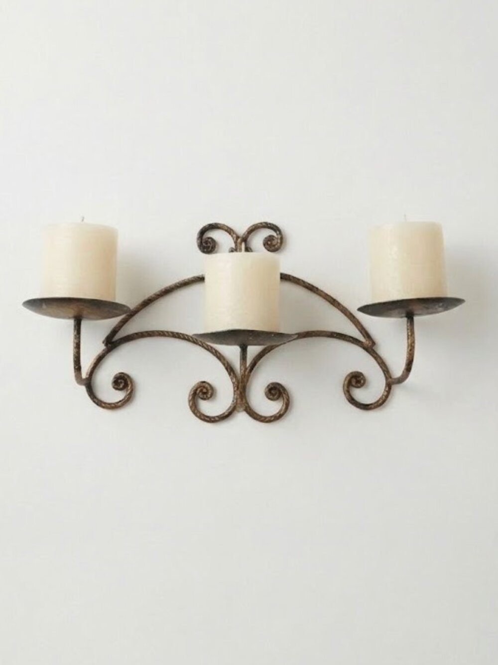 Vintage Wrought Iron 3 Cup Wall Sconce Candelabra Gold Patina Twisted Scroll 15"